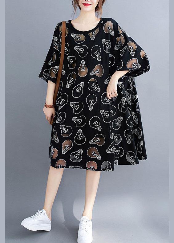 Fine Black O-Neck Loose Summer Jacquard Dresses Half Sleeve - Omychic