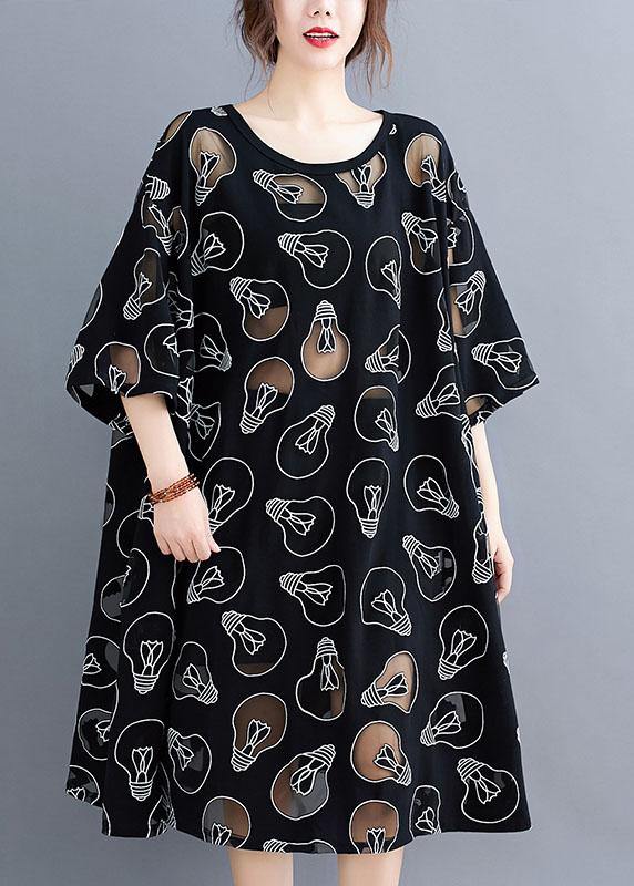 Fine Black O-Neck Loose Summer Jacquard Dresses Half Sleeve - Omychic