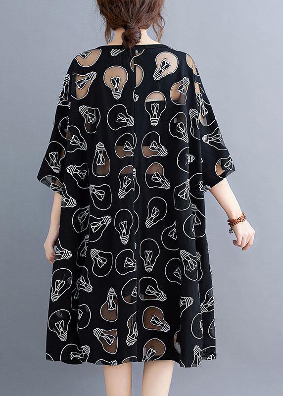 Fine Black O-Neck Loose Summer Jacquard Dresses Half Sleeve - Omychic