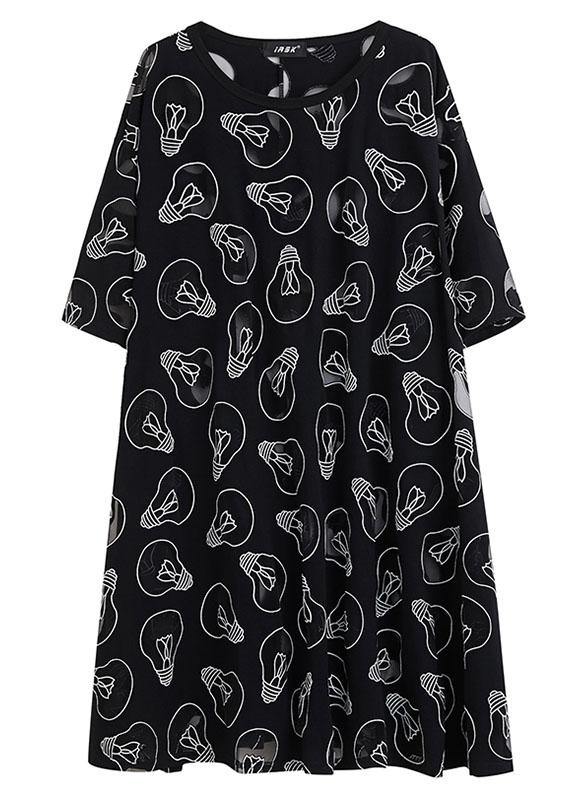 Fine Black O-Neck Loose Summer Jacquard Dresses Half Sleeve - Omychic