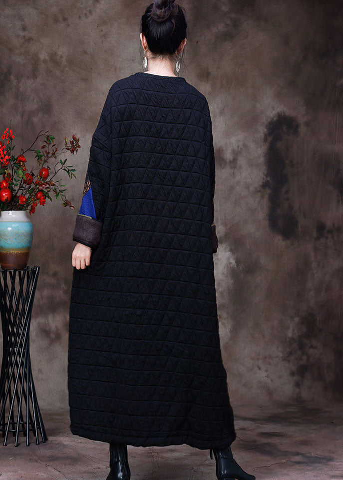 Fine Black O-Neck Oversized Print Fine Cotton Filled Maxi Dresses Gown Winter