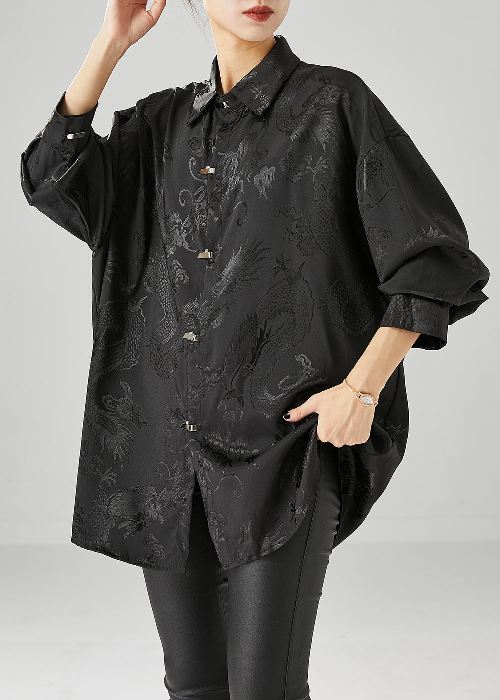 Fine Black Oversized Jacquard Silk Blouse Tops Fall