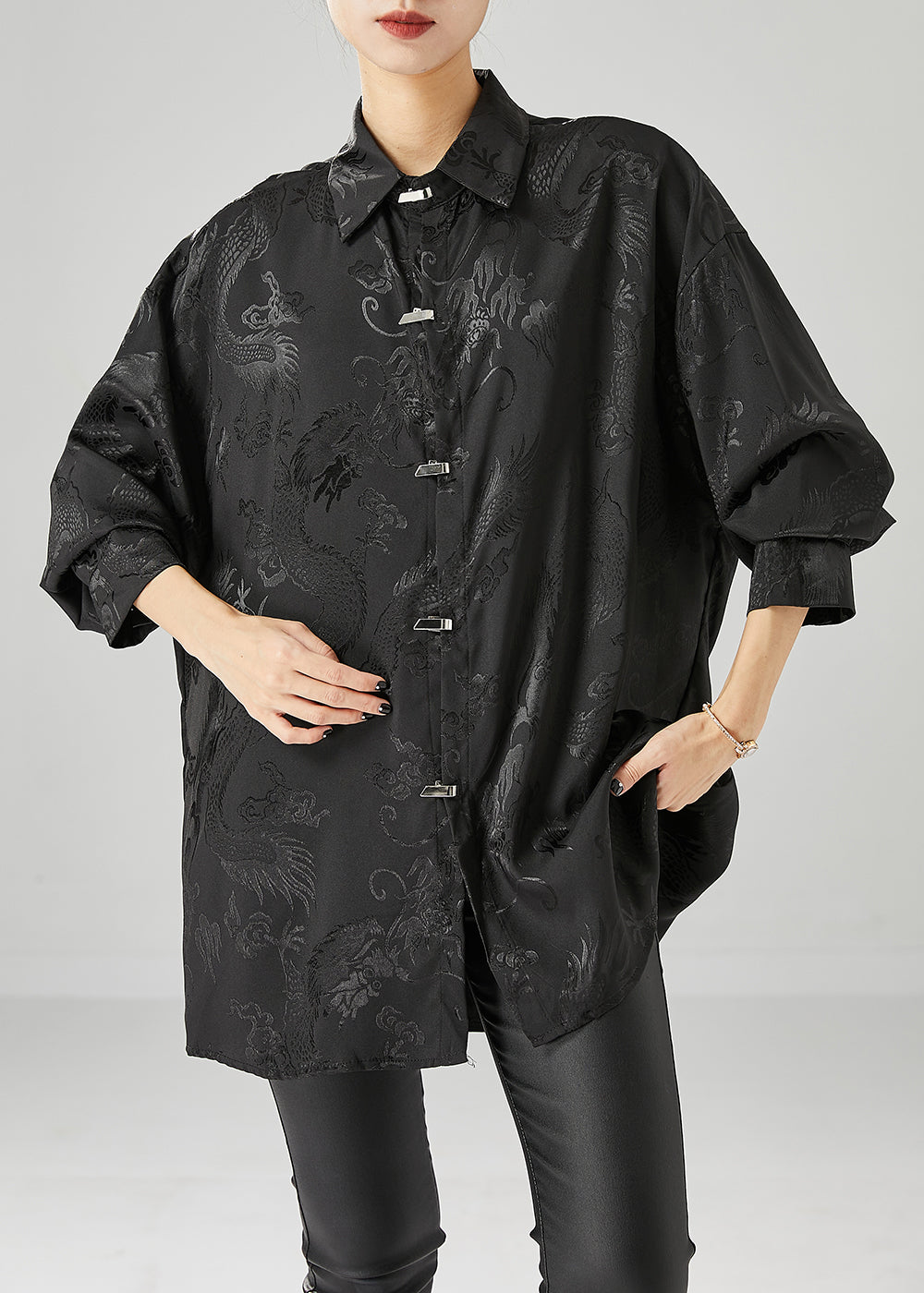 Fine Black Oversized Jacquard Silk Blouse Tops Fall