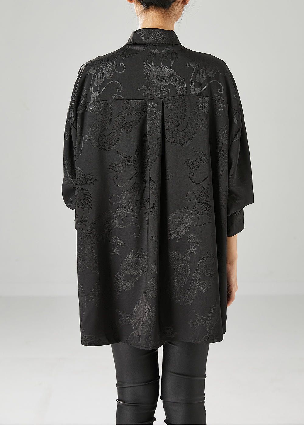 Fine Black Oversized Jacquard Silk Blouse Tops Fall