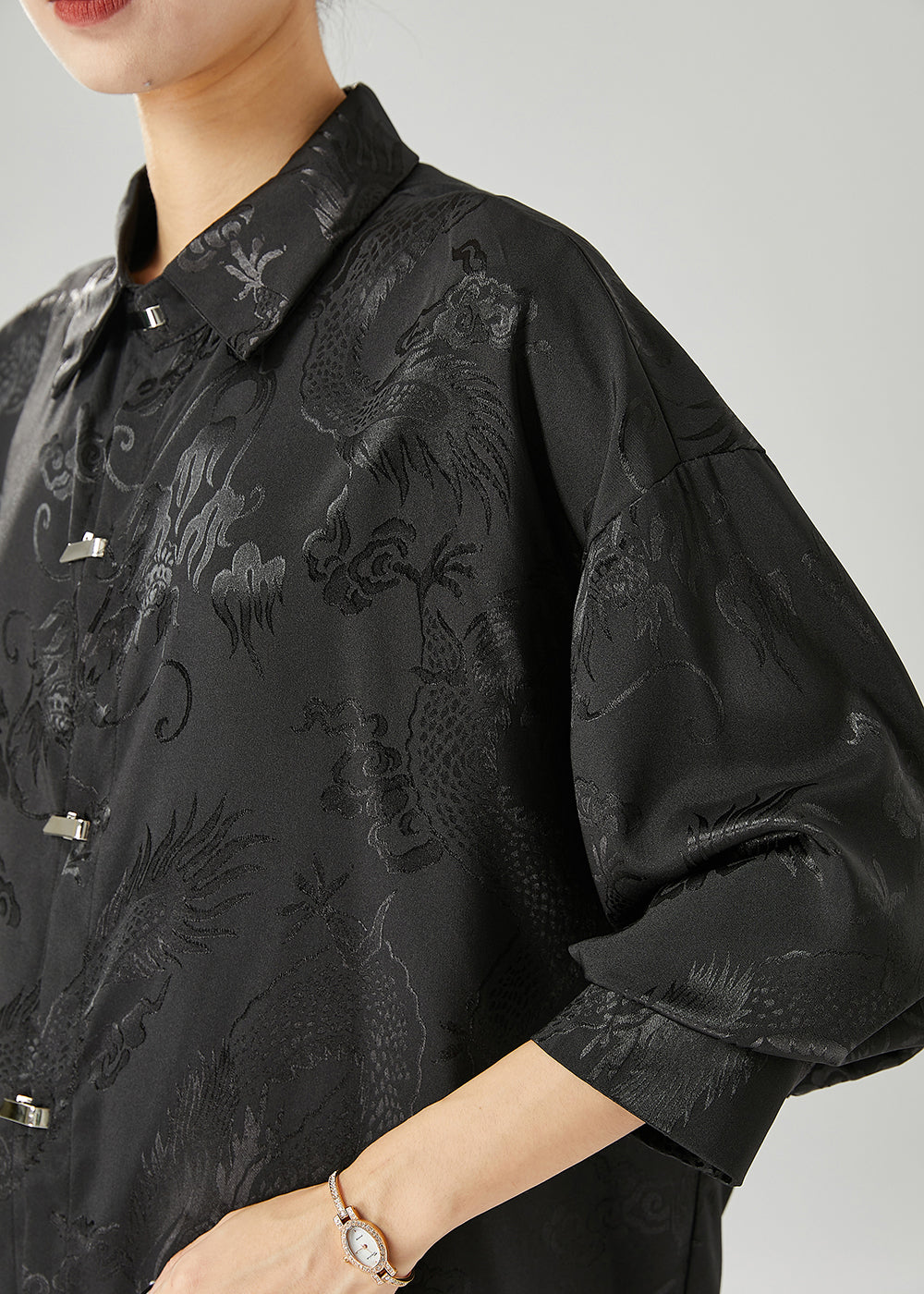 Fine Black Oversized Jacquard Silk Blouse Tops Fall