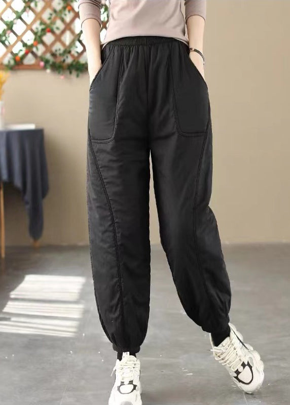 Fine Black Oversized Thick Fine Cotton Filled Harem Pants Winter