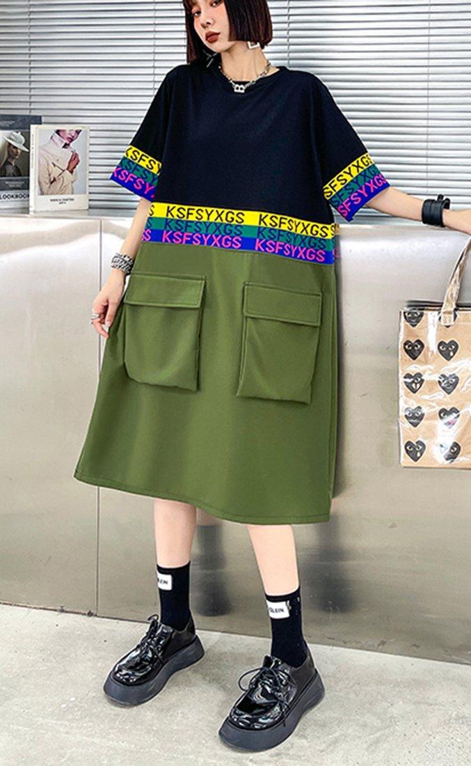 Fine Black Patchwork Green Pockets Holiday Summer Cotton Dress - Omychic