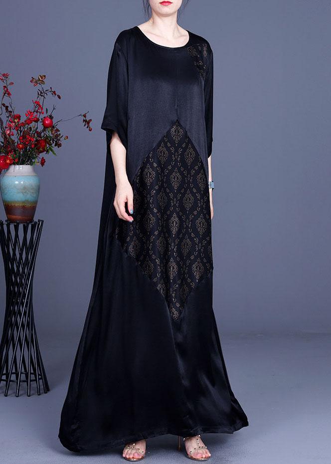 Fine Black Patchwork Print O-Neck Silk Summer Dresses - Omychic