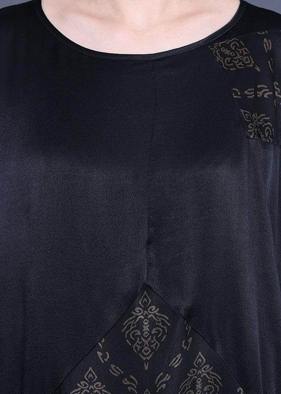 Fine Black Patchwork Print O-Neck Silk Summer Dresses - Omychic