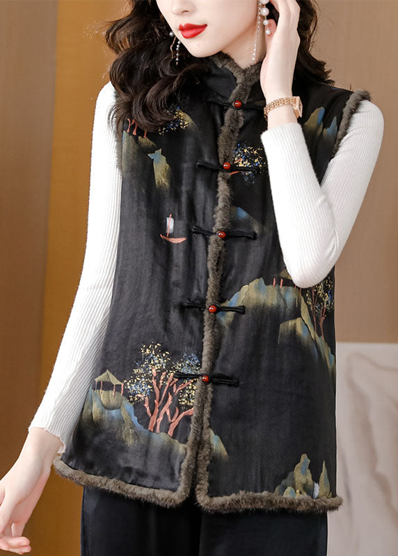 Fine Black Pockets Print Button Mink Hair Waistcoat Winter