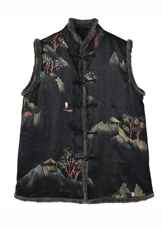 Fine Black Pockets Print Button Mink Hair Waistcoat Winter