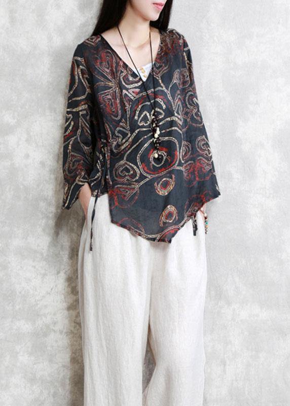 Fine Black Print Asymmetrical Design Fall Blouses Three Quarter Sleeve - Omychic