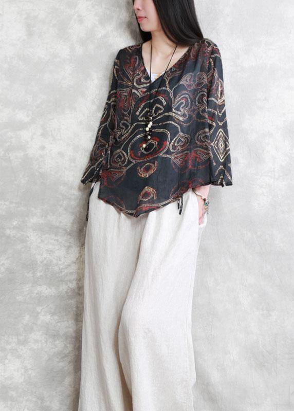 Fine Black Print Asymmetrical Design Fall Blouses Three Quarter Sleeve - Omychic