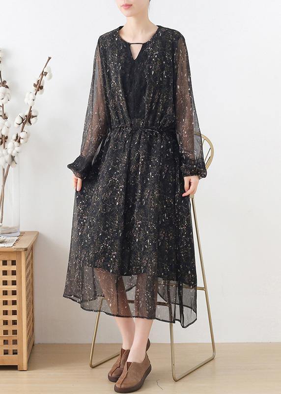 Fine Black Print Chiffon Tie Waist Summer Long Dresses - Omychic