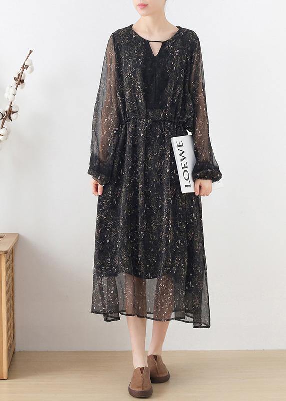 Fine Black Print Chiffon Tie Waist Summer Long Dresses - Omychic