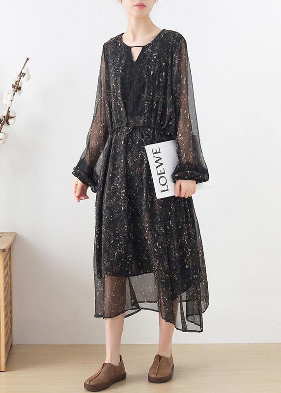 Fine Black Print Chiffon Tie Waist Summer Long Dresses - Omychic