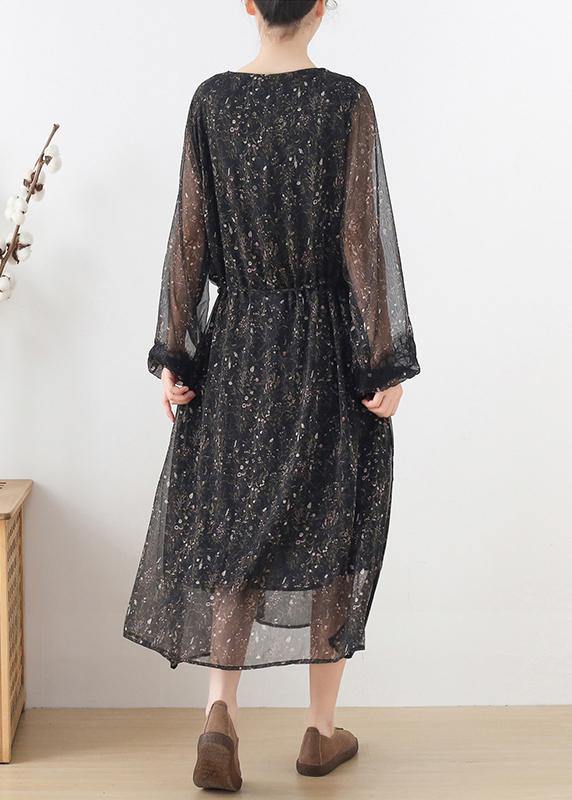 Fine Black Print Chiffon Tie Waist Summer Long Dresses - Omychic