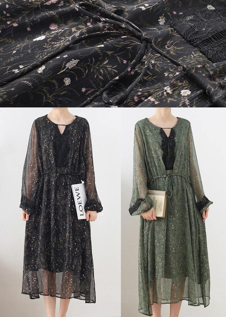 Fine Black Print Chiffon Tie Waist Summer Long Dresses - Omychic