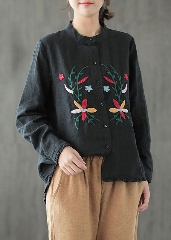 Fine Black Ruffled Embroideried Patchwork Cotton Shirt Tops Long Sleeve