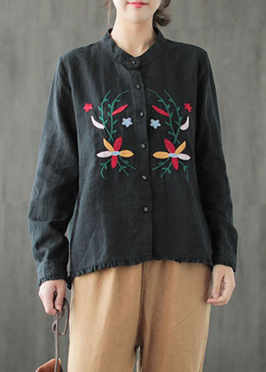 Fine Black Ruffled Embroideried Patchwork Cotton Shirt Tops Long Sleeve