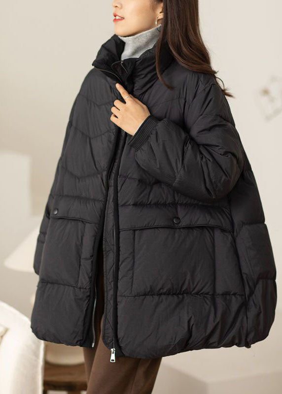 Fine Black Stand Collar Oversized Pockets Duck Down Down Coat Winter