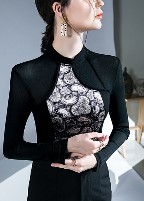 Fine Black Stand Collar Patchwork Button Velour Top Long Sleeve
