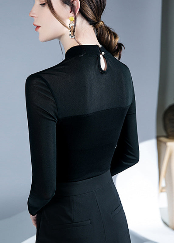 Fine Black Stand Collar Patchwork Button Velour Top Long Sleeve