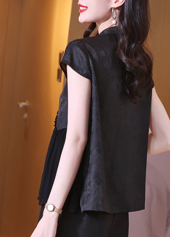 Fine Black Stand Collar Tasseled Patchwork Silk Shirt Tops Summer