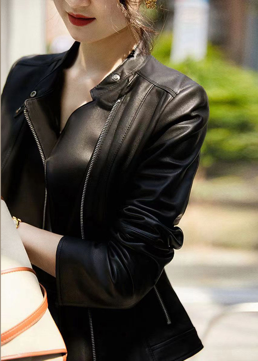 Fine Black Stand Collar Zip Up Pockets Patchwork Sheepskin Jackets Fall