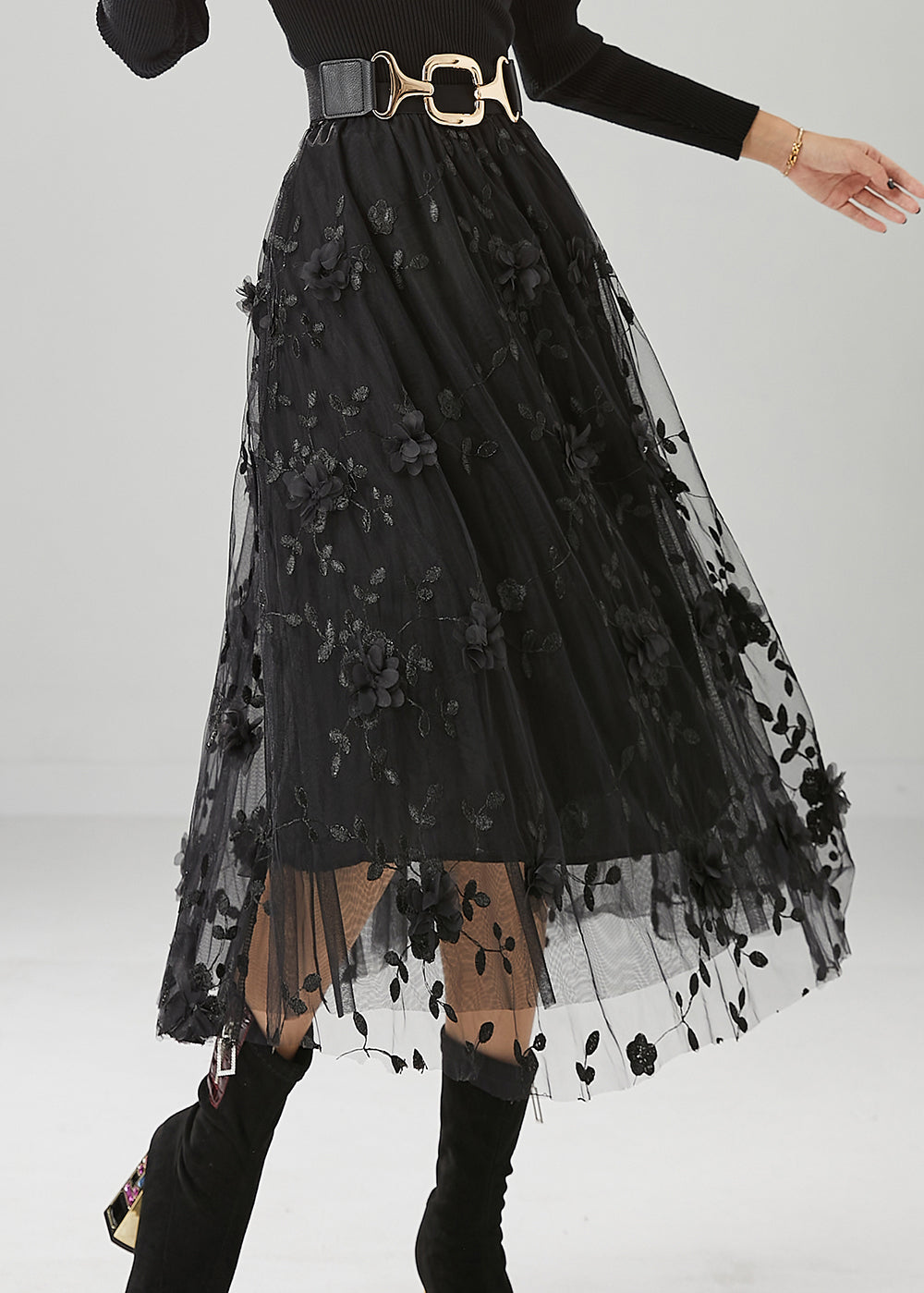 Fine Black Stereoscopic Floral Tulle Skirt Fall