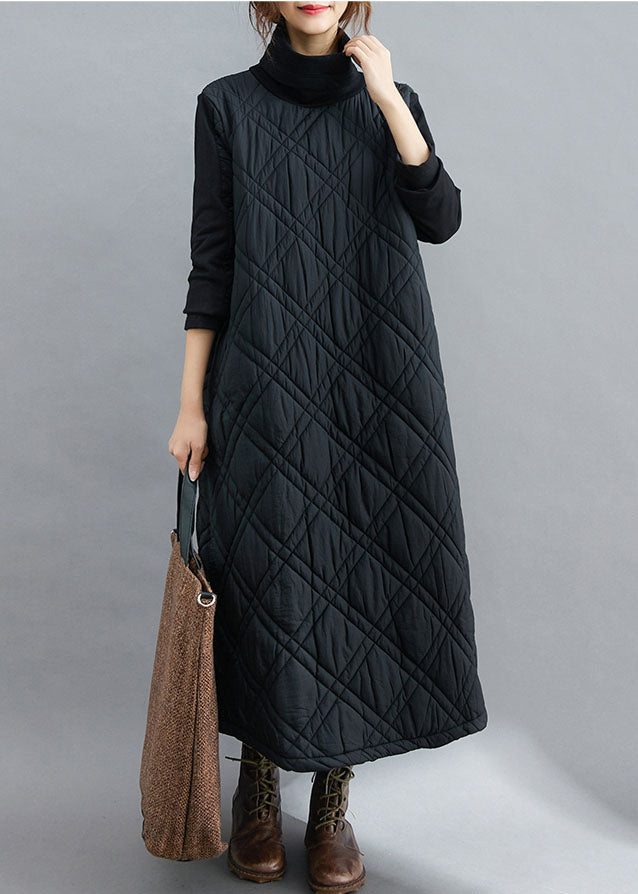 Fine Black Turtle Neck Patchwork Fine Cotton Filled Dresses Winter