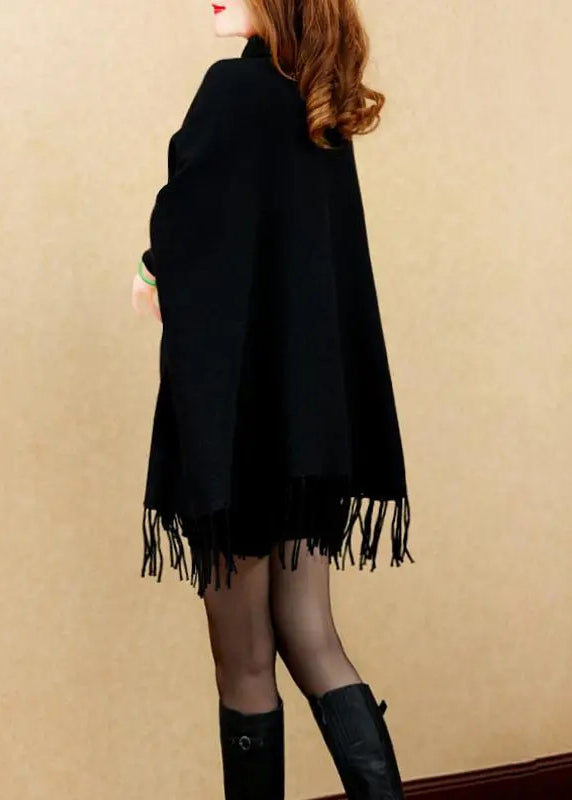 Fine Black Turtleneck Tassel Long Knit Sweater Dress Winter