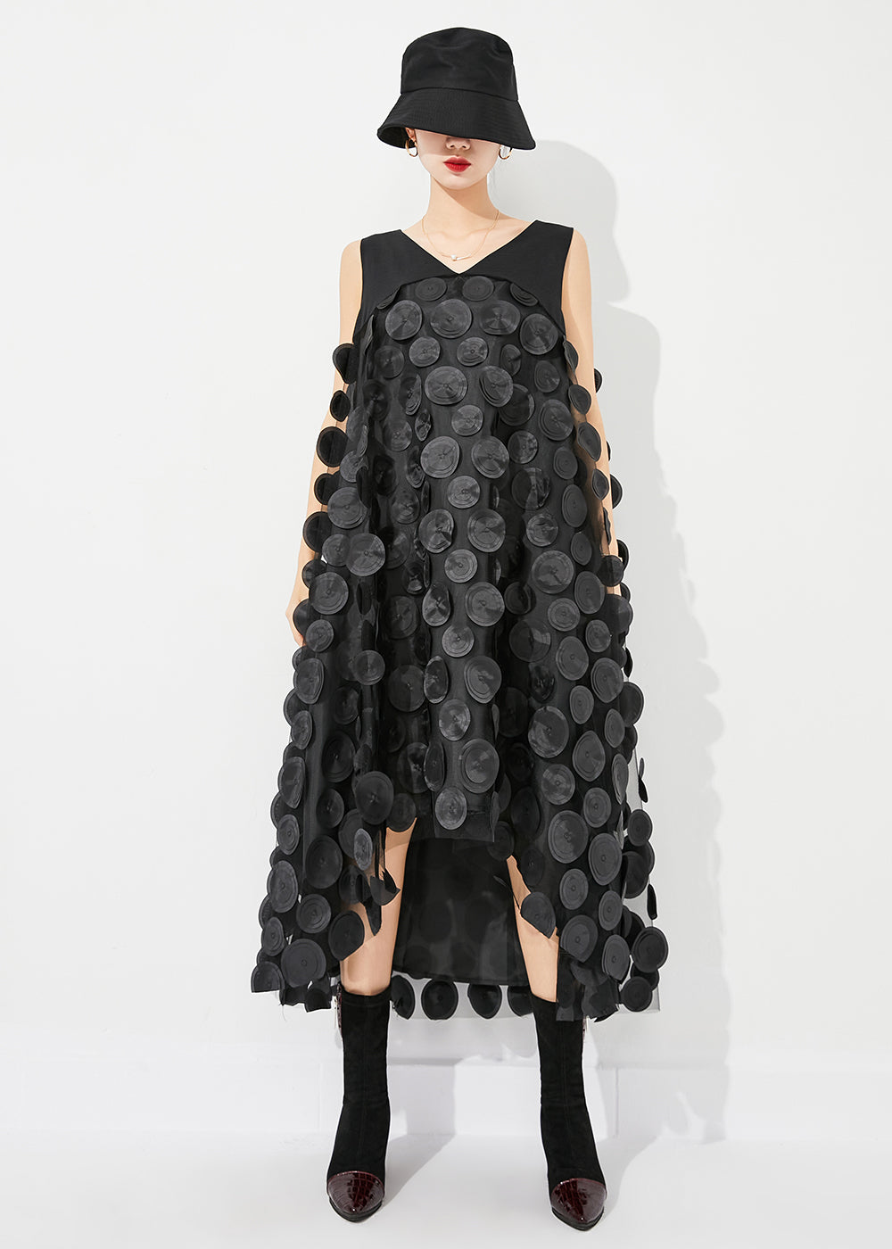 Fine Black V Neck Patchwork Low High Design Tulle Long Dresses Sleeveless