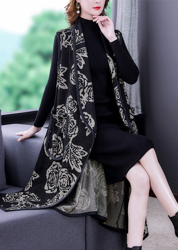 Fine Black V Neck Print Patchwork Long Knit Waistcoat Spring