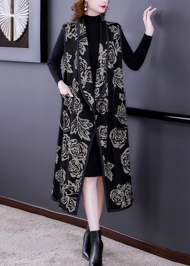 Fine Black V Neck Print Patchwork Long Knit Waistcoat Spring