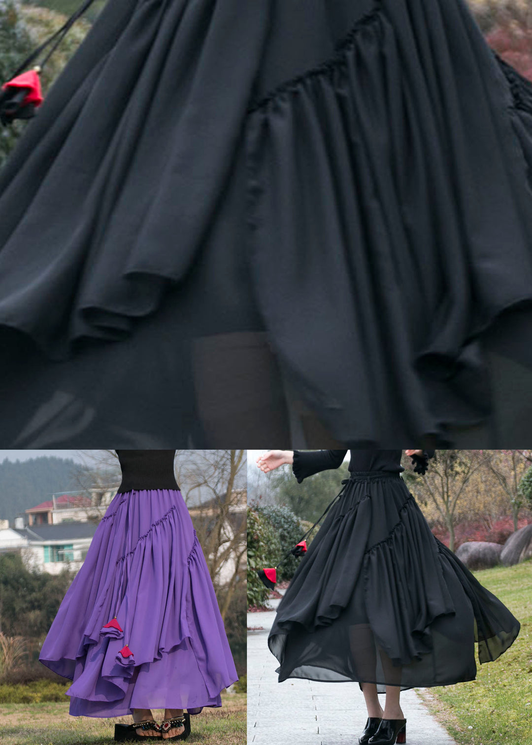 Fine Black Wrinkled Asymmetrical Patchwork Chiffon Skirts Summer