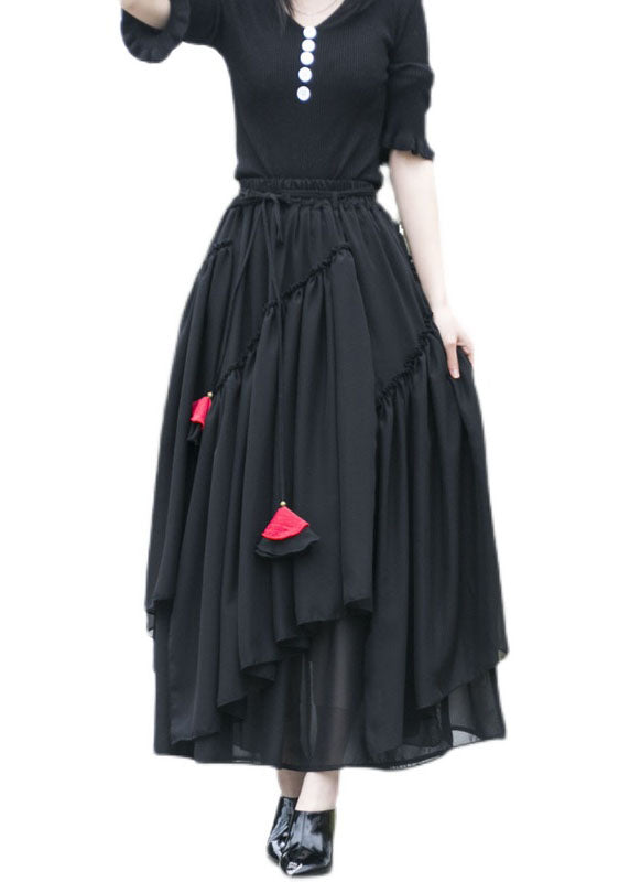 Fine Black Wrinkled Asymmetrical Patchwork Chiffon Skirts Summer
