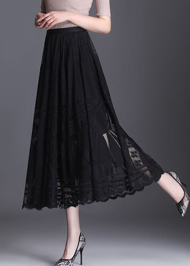 Fine Black Wrinkled Patchwork Hollow Out Lace Skirt