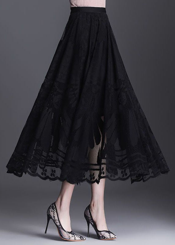 Fine Black Wrinkled Patchwork Hollow Out Lace Skirt