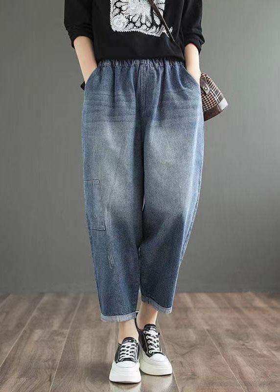 Fine Blue Elastic Waist Pockets Casual Harem Fall Denim Pants - Omychic