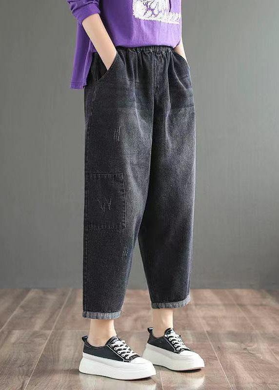 Fine Blue Elastic Waist Pockets Casual Harem Fall Denim Pants - Omychic