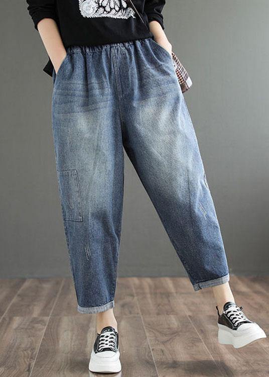 Fine Blue Elastic Waist Pockets Casual Harem Fall Denim Pants - Omychic