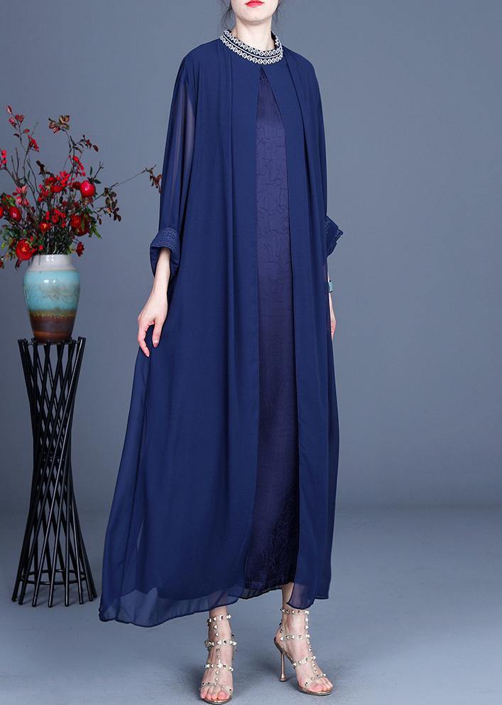 Fine Blue Embroidery long Maxi Summer Spring Chiffon Dress - Omychic