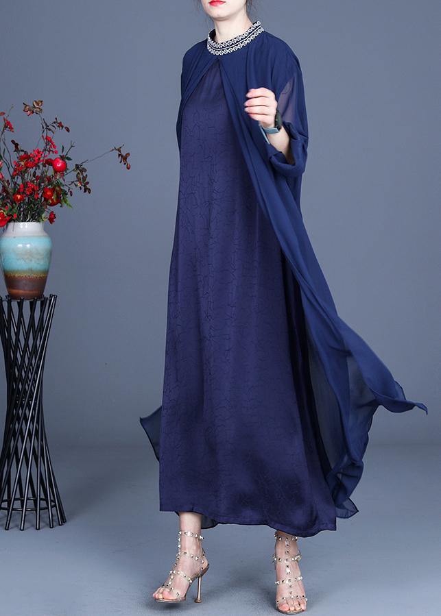 Fine Blue Embroidery long Maxi Summer Spring Chiffon Dress - Omychic