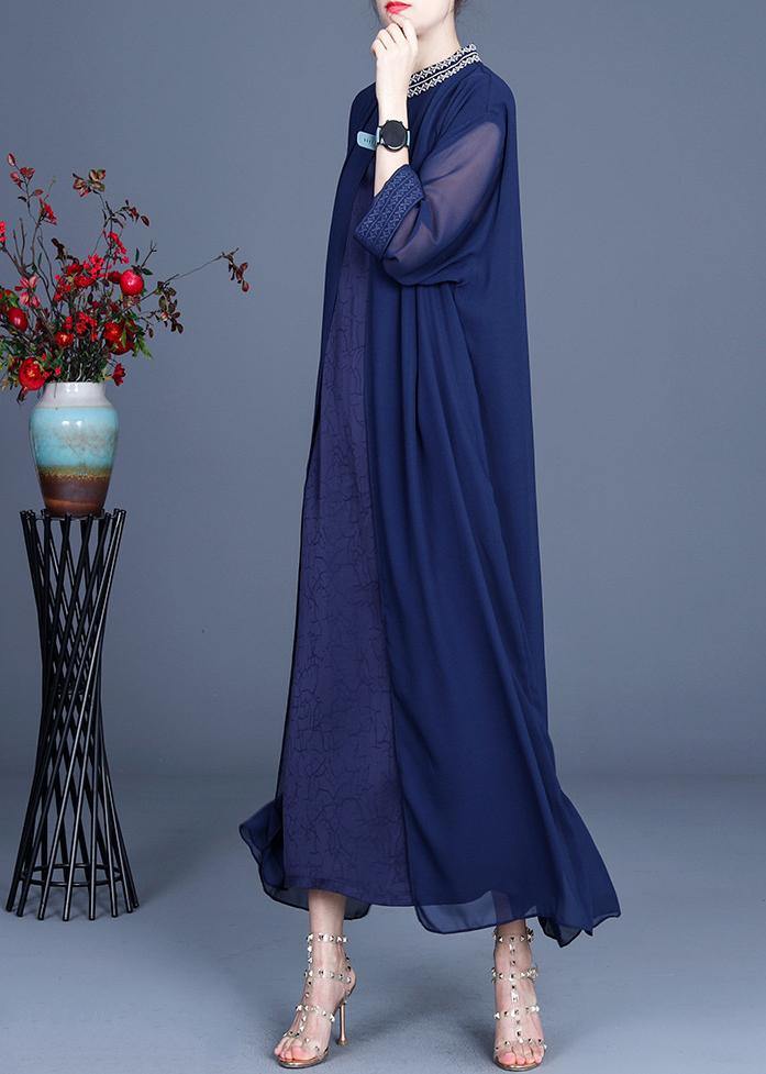 Fine Blue Embroidery long Maxi Summer Spring Chiffon Dress - Omychic