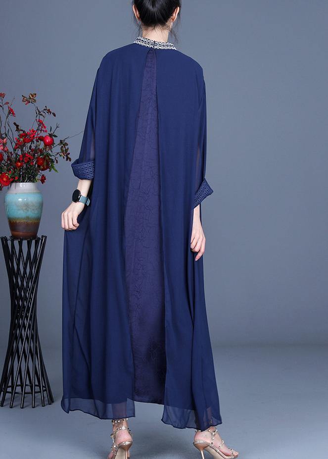 Fine Blue Embroidery long Maxi Summer Spring Chiffon Dress - Omychic