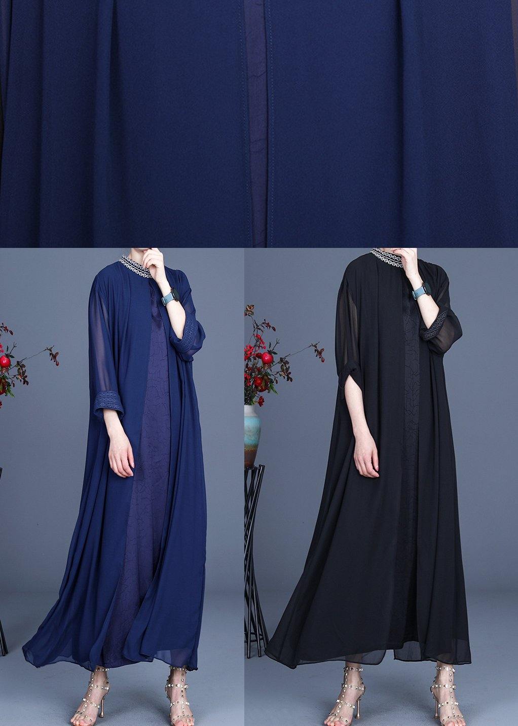 Fine Blue Embroidery long Maxi Summer Spring Chiffon Dress - Omychic