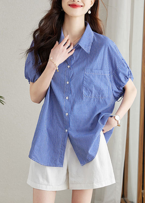 Fine Blue Peter Pan Collar Striped Button Patchwork Cotton Shirt Summer