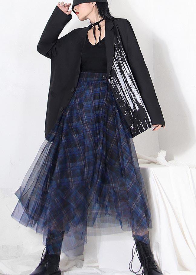 Fine Blue Plaid Button Asymmetrical Summer Skirt - Omychic