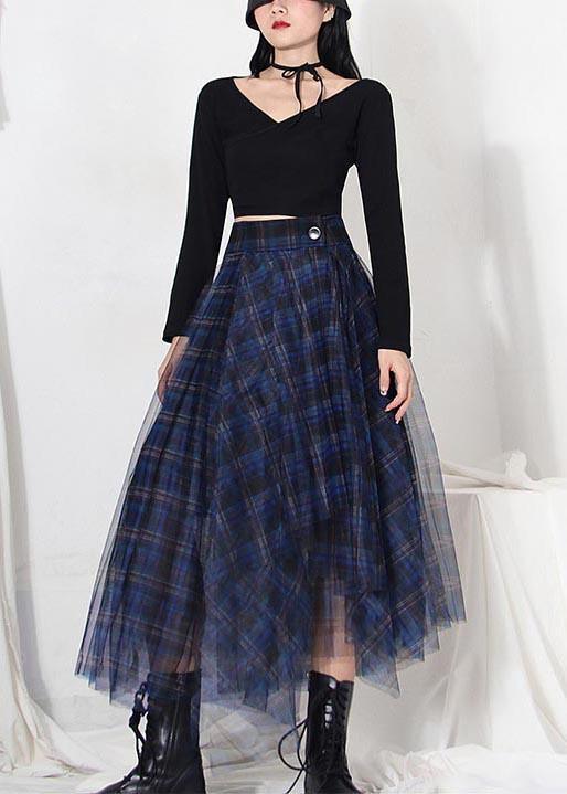 Fine Blue Plaid Button Asymmetrical Summer Skirt - Omychic